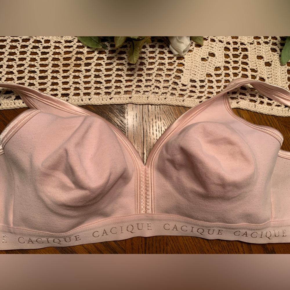 Cacique 42C Sports Bra, no wires, no padding, very comfortable.